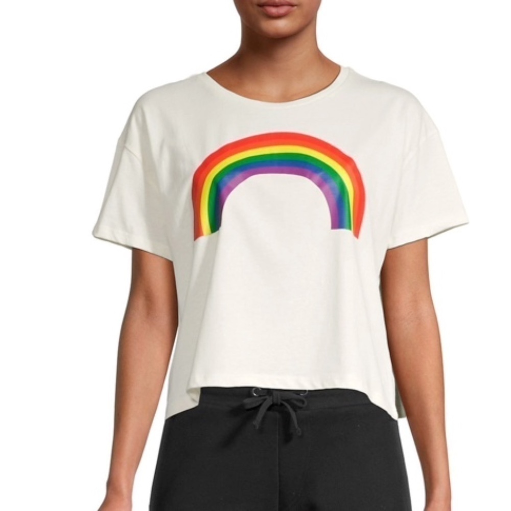 NWT FRENCH CONNECTION Crop Top Rainbow Short Sleeve Boxy Cotton T-Shirt Size XS